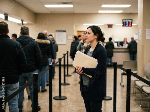 Adult waiting in a long administrative office queue indoors