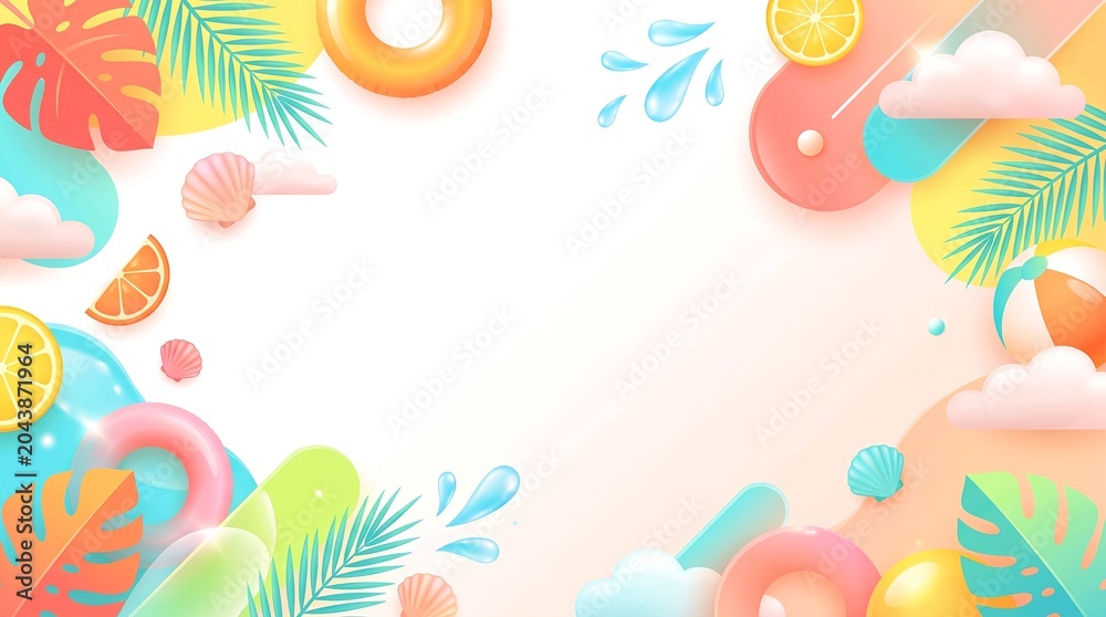 Fototapeta premium 3D Vector Summer Sale Banner Background with Floating Tropical Objects