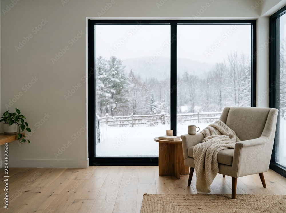 Fototapeta premium Quiet living room with large window and gentle snowfall