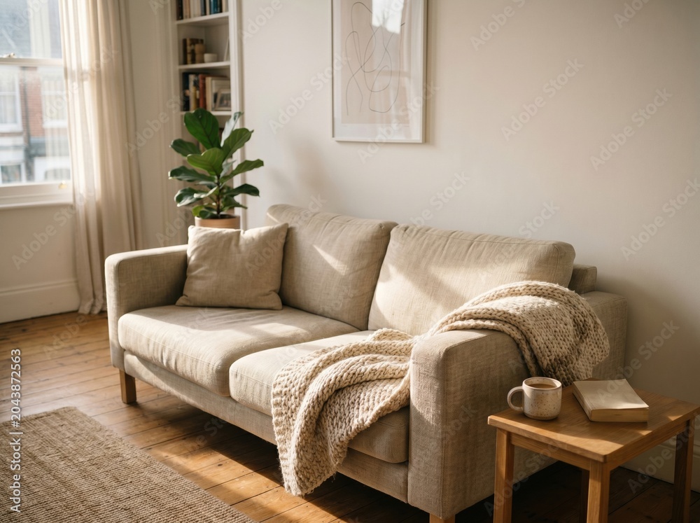 Fototapeta premium Empty sofa with throw blanket in quiet Sunday afternoon light