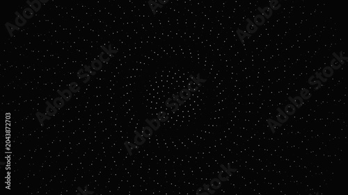 Abstract white dots forming a rotating spiral on a black background