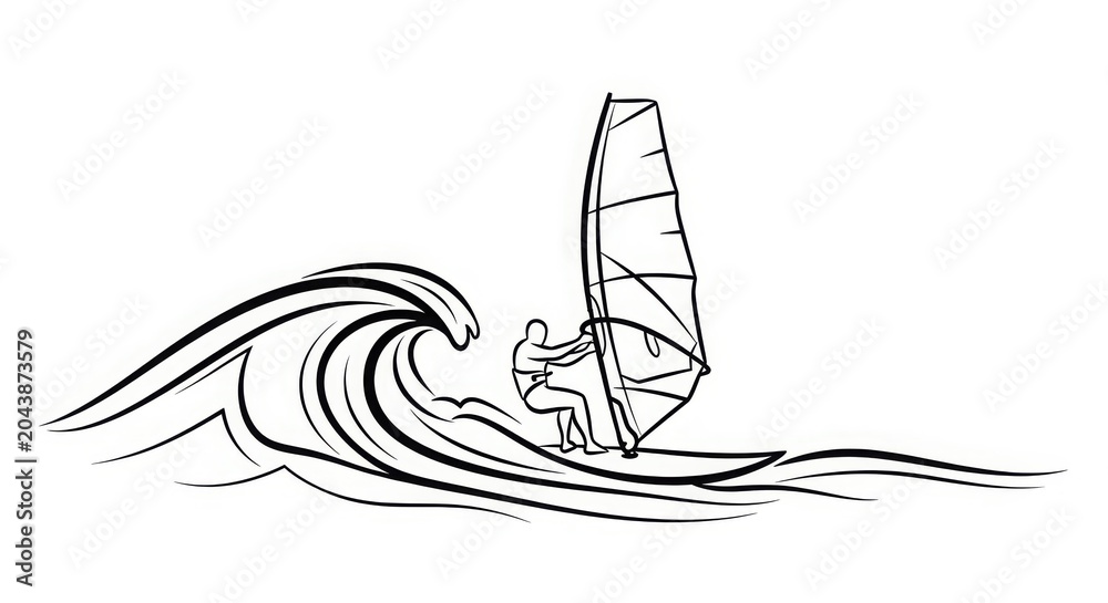 Obraz premium Windsurfing - Dynamic Line Art Illustration of Windsurfer Riding Large Ocean Wave with Sail