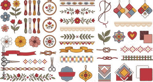 Obraz na płótnie Handcrafted Embroidery Ornament Vector Collection Featuring Floral Stitch Patterns, Sewing Elements And Folk Textile Decorations