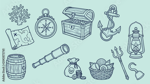 Foto Collection of pirate-themed adventure and treasure hunting icons, including a treasure chest, map, compass, and anchor
