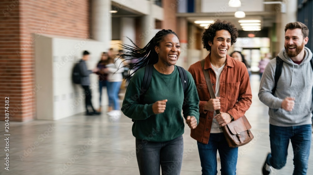 Fototapeta premium Diverse College Students Running Through University Hallway Laughing Together