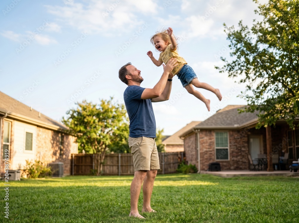 Obraz premium Father tossing laughing child on sunny backyard lawn