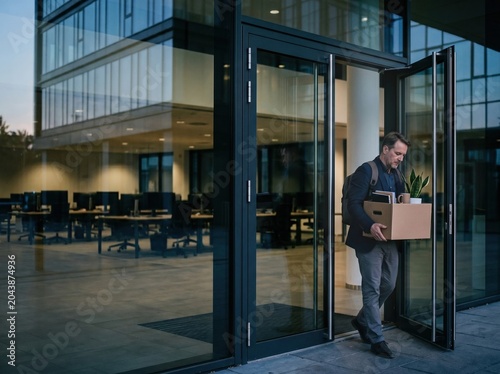 Lone employee exits office with personal box after layoffs