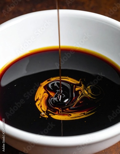 Dark soy sauce pouring into a white ceramic bowl, rich liquid texture and gourmet food preparation, culinary ingredient for cooking and dipping