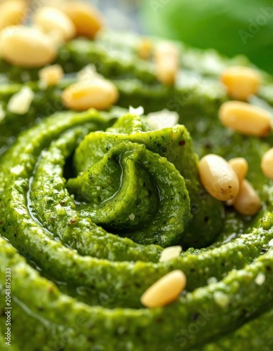Fresh green pesto sauce swirled in a bowl topped with toasted pine nuts, vibrant herbal texture, italian food ingredient, culinary cooking background