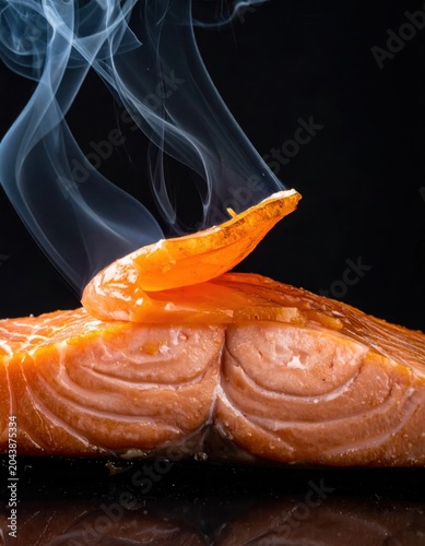 Fresh grilled salmon fillet with rising steam on a black background, gourmet culinary photography, high protein healthy meal, restaurant menu food