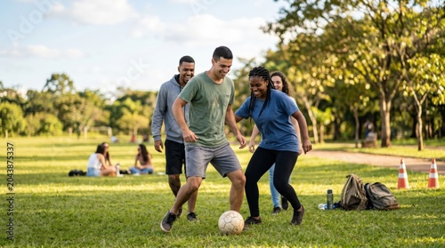 Diverse Young Adults Playing Soccer Together in a Sunny Public Park