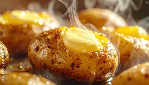 Hot baked potato with melting butter and steam rising, close up food photography, culinary comfort, healthy nutrition and rustic cooking, delicious meal