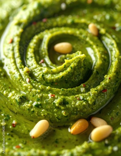 Macro closeup of swirl pesto sauce with pine nuts and olive oil texture, Italian food ingredients, fresh basil herb dip, vibrant green condiment