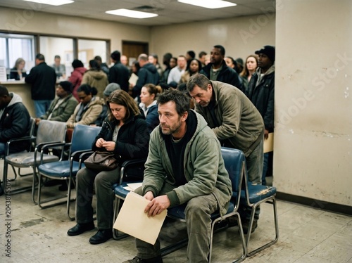 Exhausted job seekers waiting in a crowded unemployment office