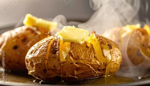 Steaming hot baked potato with melting butter, rustic side dish, culinary comfort food, restaurant menu photography, appetizing texture closeup