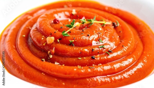 Swirled tomato soup or sauce in a bowl garnished with fresh thyme and black pepper, vibrant orange red texture, culinary food photography