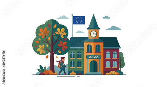 Back to school in European town with student