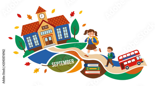 Back to school in September, children walking to elementary school