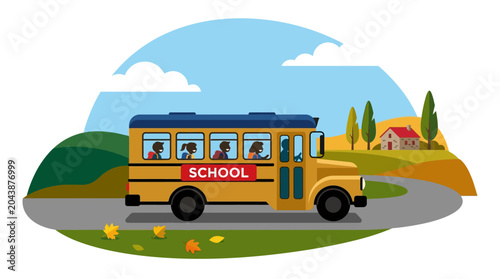 School bus driving on rural road in autumn
