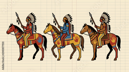 Bild auf Leinwand Native American Ledger Art Warriors on Painted Horses