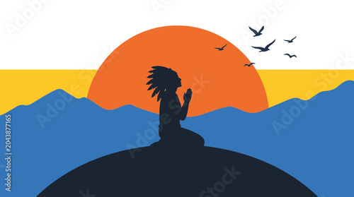 Canvastavla Native American Sunrise Prayer Silhouette on Hilltop