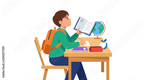 Student studying at desk with books and globe
