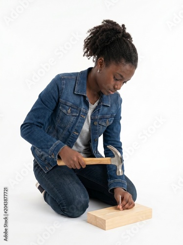 Young black girl hammering a nail into wood on white background  
