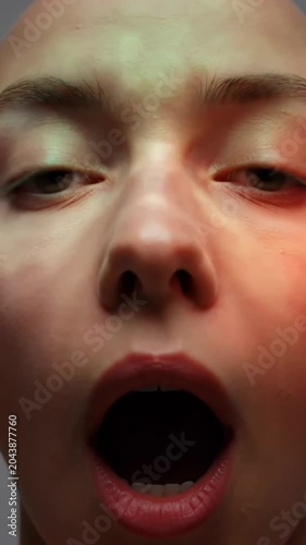 Dramatic close up portrait of a bald person transitioning from shock to a serious expression under neon lights.