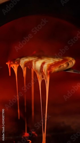 Slice of hot pizza with melting cheese stretching down in warm light.