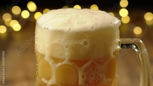 Frothy Beer Mug, Close-up, Festive Lights.