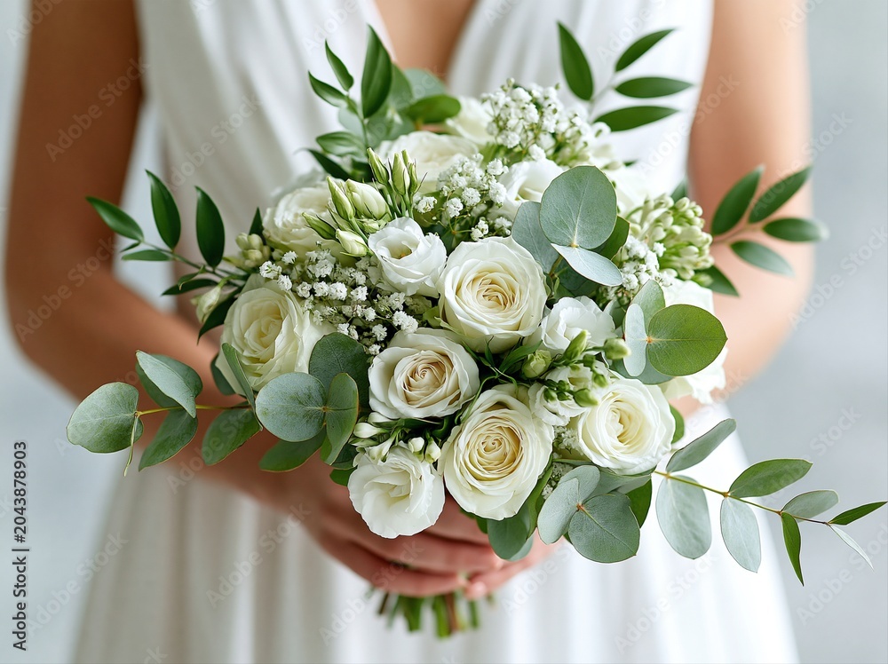 Obraz premium Bride holds a bouquet of white roses and greenery in a light setting during a wedding ceremony