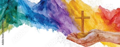 Watercolor hands holding a wooden cross with rainbow paint wash on white canvas