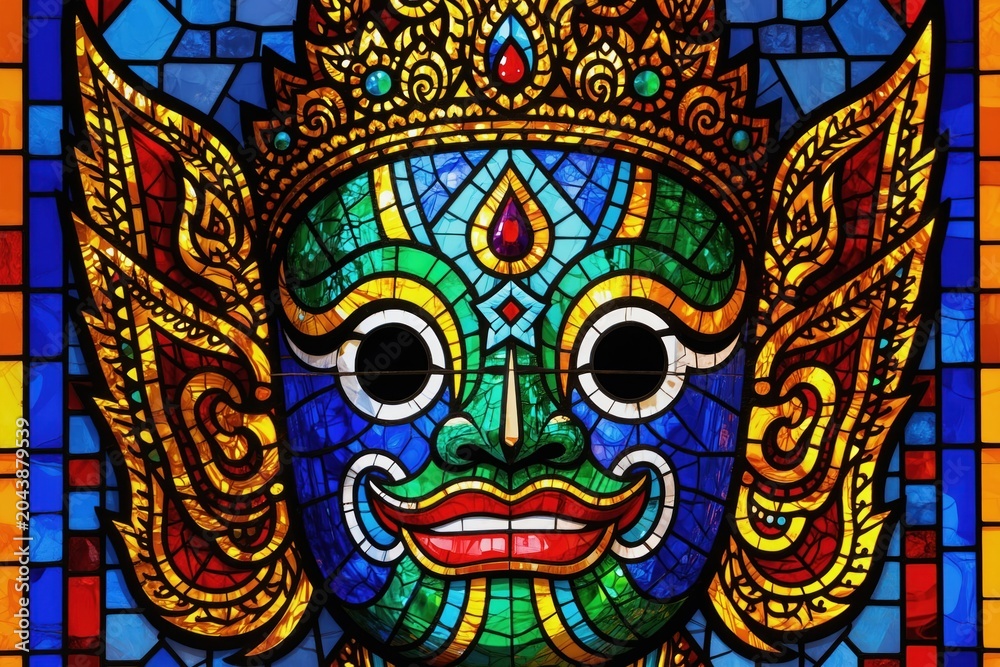 Obraz premium Vibrant Thai mask illustration, geometric patterns, bold colors. Stained glass art style, intricate details, cultural representation, abstract design. Festive, decorative, jewel tones, traditional