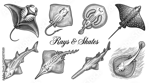 Vintage Hand Drawn Vector Set of Rays and Skates Illustrations Featuring Manta Ray, Sawfish, Electric Ray, and Stingray in Engraving Style