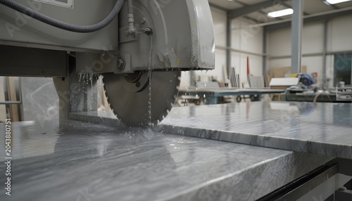 Close-up of industrial rock saw cutting slab of grey marble in a manufacturing factory for modern construction material production concept