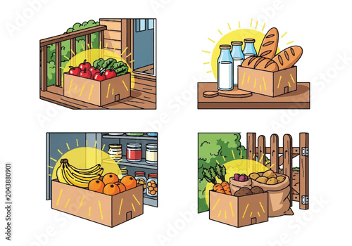Set of cartoon illustrations featuring fresh grocery food delivery boxes