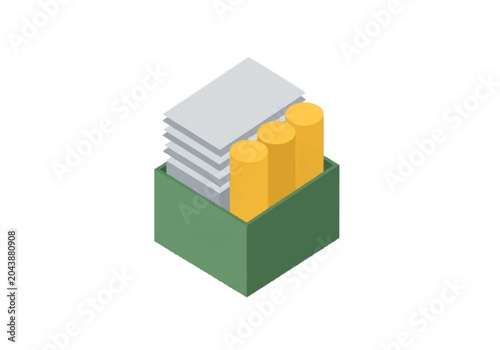 Isometric illustration of a green storage box containing paper stacks and yellow cylinders