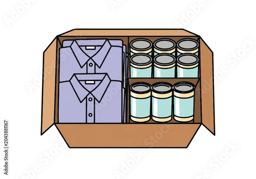 Cardboard box packed with folded shirts and canned goods