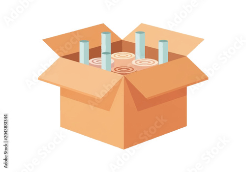 Cardboard box filled with rolled paper scrolls and cylindrical tubes