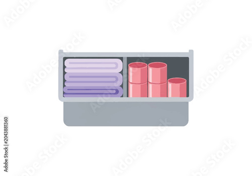 Organized storage shelf with folded towels and rolled fabrics