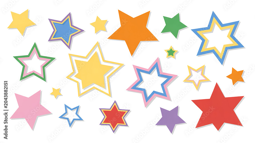 Fototapeta premium A collection of colorful paper stars arranged in a scattered pattern against a white background.