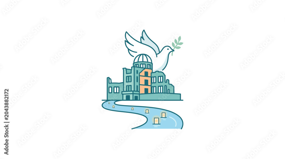 Naklejka premium Hiroshima Peace Memorial and Dove Illustration