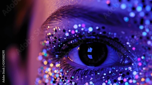 Close-up of a brightly colored, glittery eye
