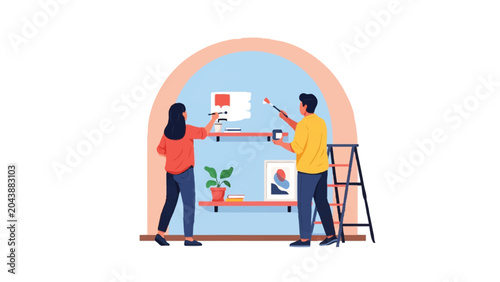 Couple Painting Wall Illustration - DIY Home Renovation and Interior Design Concept