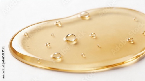 Golden liquid with bubbles on white surface