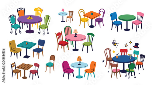 Set of various cafe tables and chairs with different designs and colors vector illustration of restaurant furniture seat plan, Generative AI.