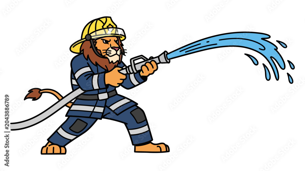 Obraz premium Cartoon lion firefighter spraying water from a hose