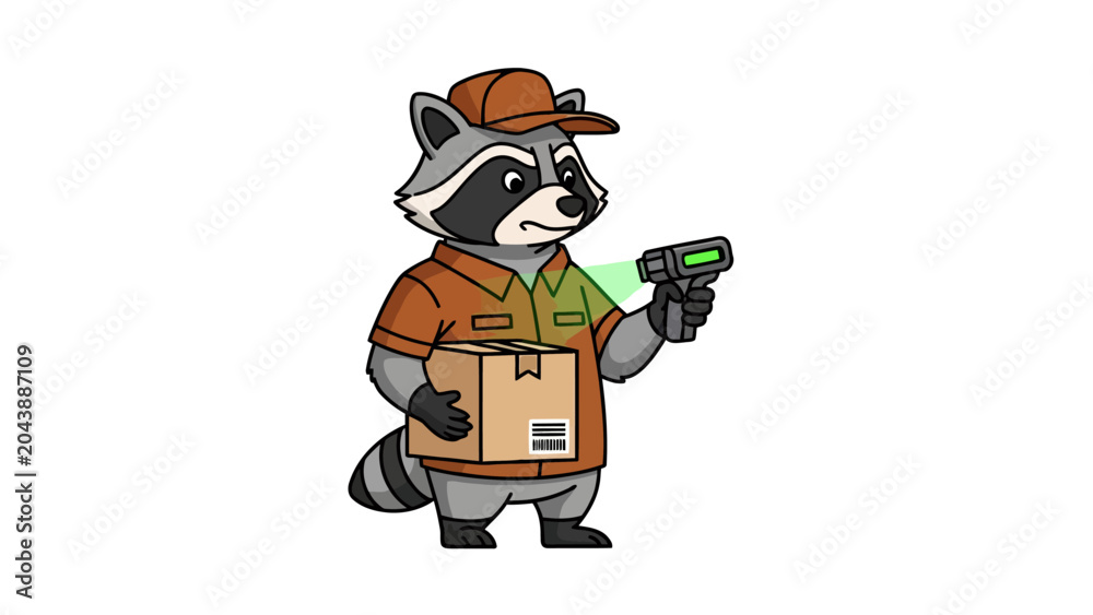 Obraz premium Cartoon raccoon delivery worker scans a brown box with a handheld scanner