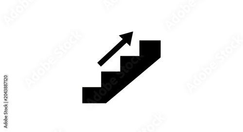 Black silhouette of stairs with an upward arrow indicating progress and success.