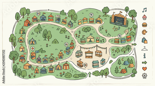Doodle map of a summer festival with various tents food stalls a music stage and camping area handdrawn vector illustration for event planning or brochure design seat plan, Generative AI.
